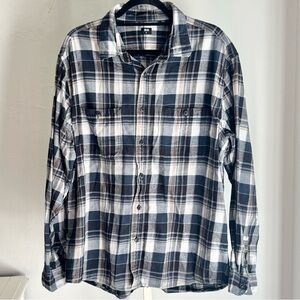 Uniqlo Men’s Navy & Tan Plaid Flannel Long Sleeve Cotton Shirt, XL